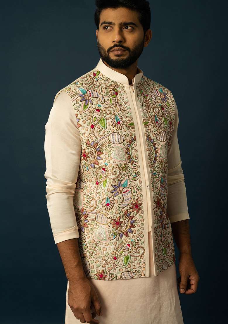 Fawn Embroidered Linen Nehru Jacket Set For Men - Indya