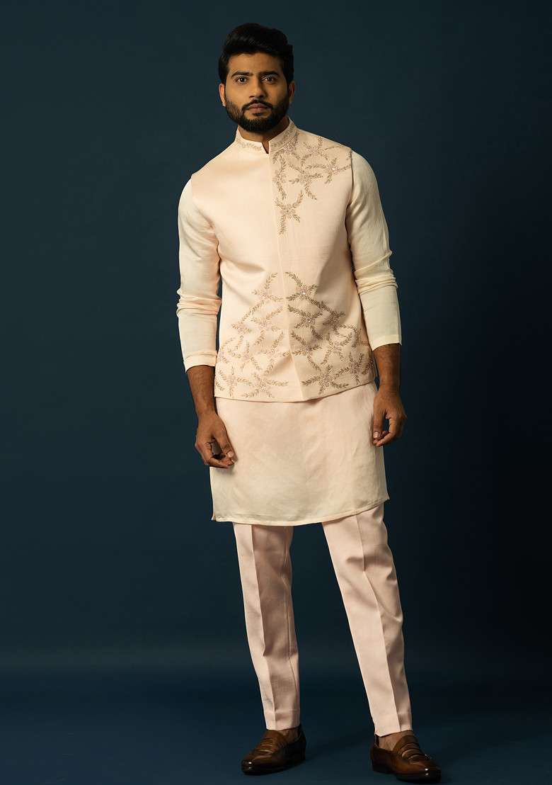 Blush Pink Embroidered Linen Nehru Jacket Set For Men - Indya