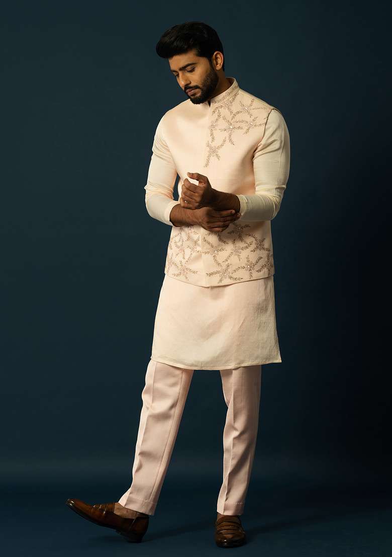 Blush Pink Embroidered Linen Nehru Jacket Set For Men - Indya