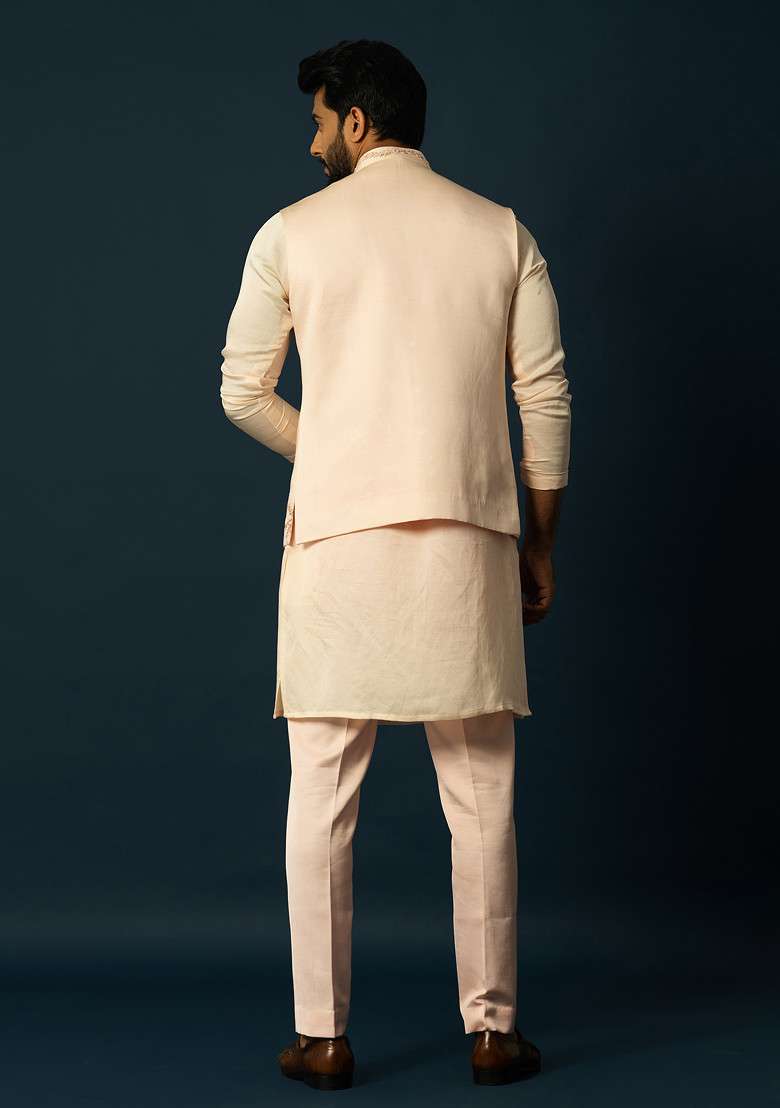 Blush Pink Embroidered Linen Nehru Jacket Set For Men - Indya