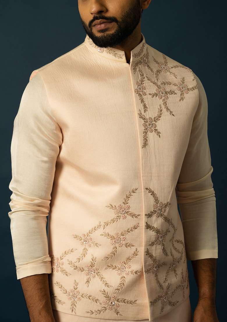 Blush Pink Embroidered Linen Nehru Jacket Set For Men - Indya
