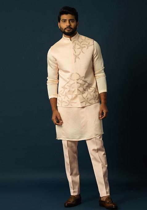 Blush Pink Embroidered Linen Nehru Jacket Set For Men