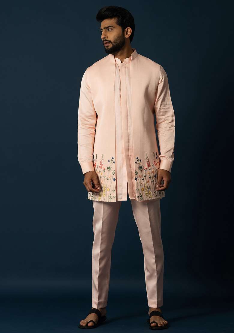 Peach Embroidered Linen Jacket And Kurta Set For Men - Indya