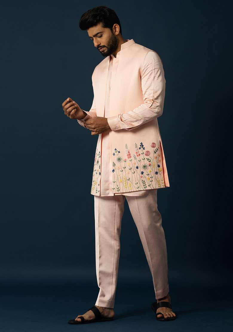 Peach Embroidered Linen Jacket And Kurta Set For Men - Indya