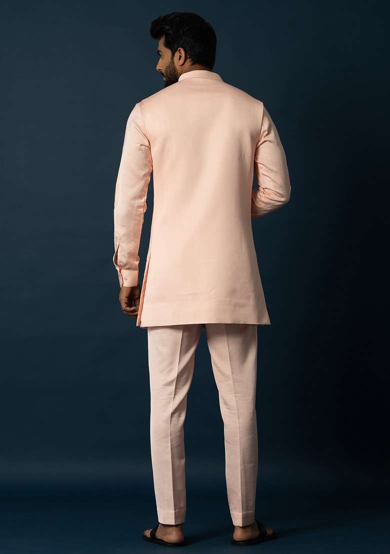 Peach Embroidered Linen Jacket And Kurta Set For Men - Indya
