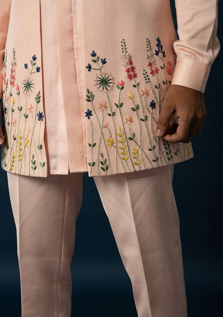 Peach Embroidered Linen Jacket And Kurta Set For Men - Indya