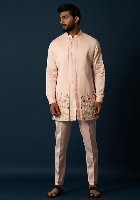 Peach Embroidered Linen Jacket And Kurta Set For Men