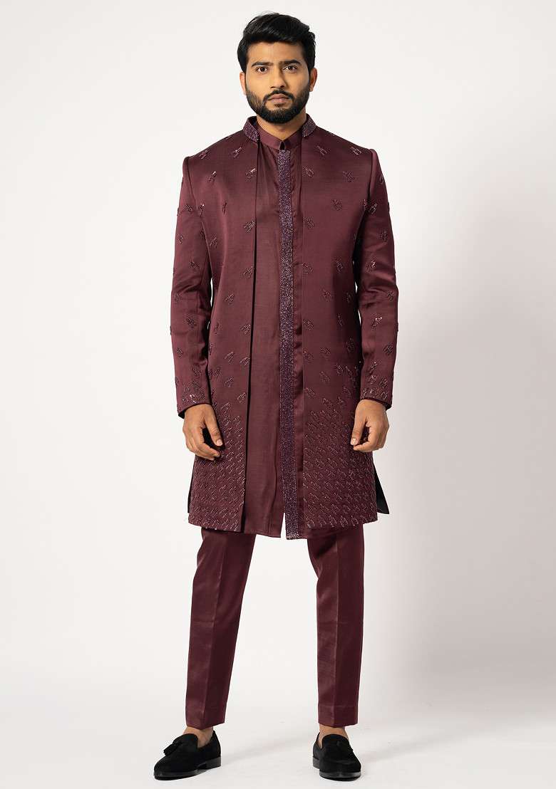 Dark Wine Embroidered Linen Jacket And Kurta Set For Men - Indya