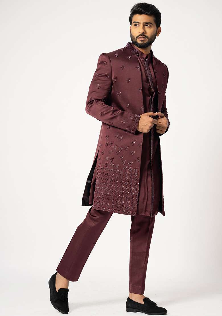 Dark Wine Embroidered Linen Jacket And Kurta Set For Men - Indya