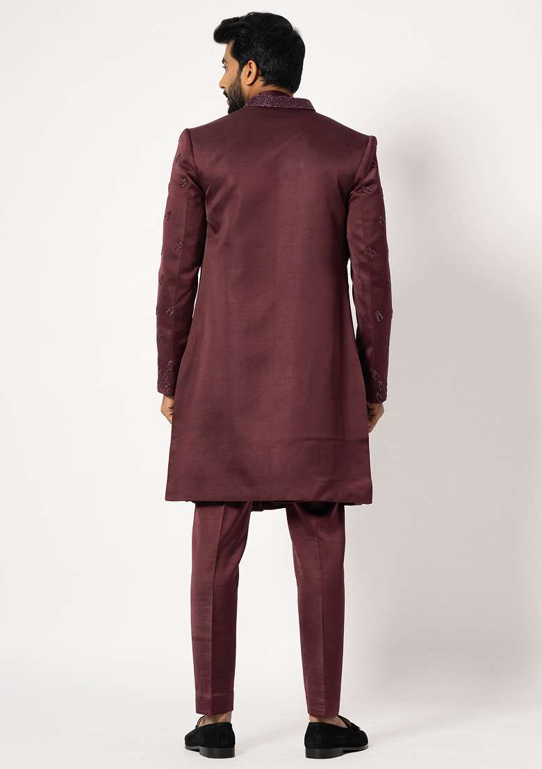 Dark Wine Embroidered Linen Jacket And Kurta Set For Men - Indya