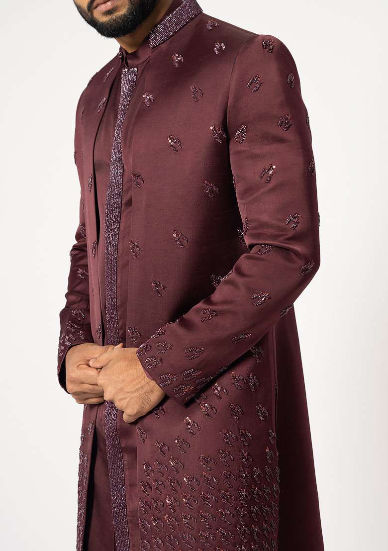 Dark Wine Embroidered Linen Jacket And Kurta Set For Men - Indya