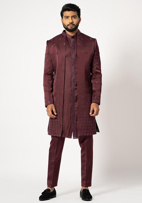 Dark Wine Embroidered Linen Jacket And Kurta Set For Men