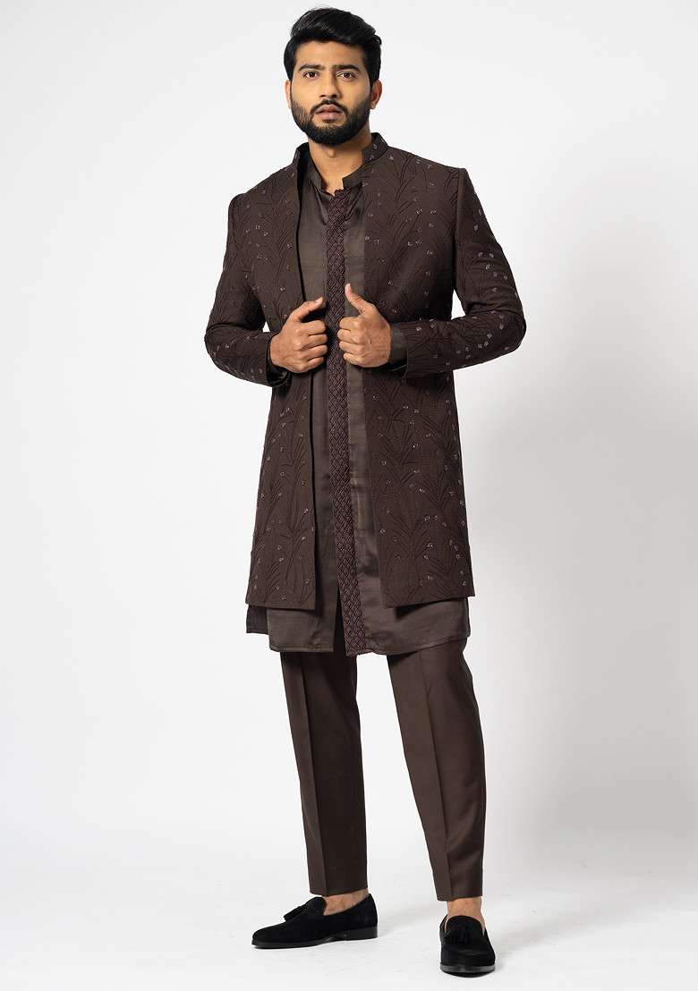 Chocolate Brown Embroidered Linen Jacket And Kurta Set For Men - Indya