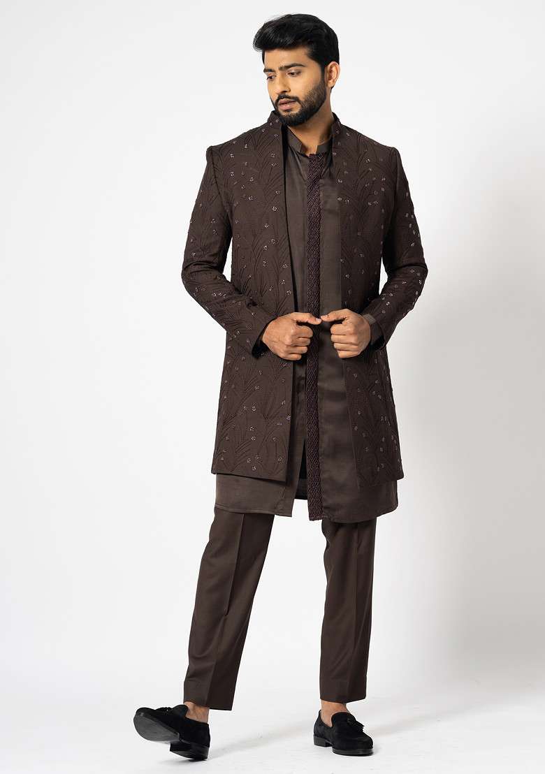 Chocolate Brown Embroidered Linen Jacket And Kurta Set For Men - Indya