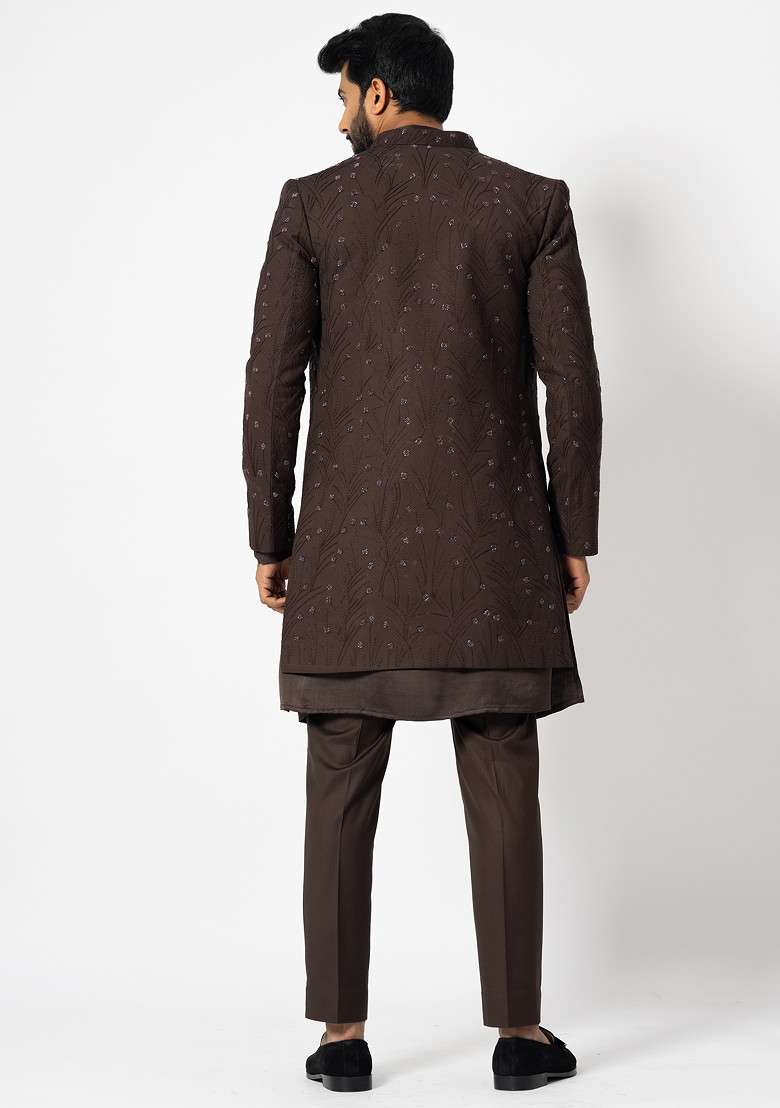 Chocolate Brown Embroidered Linen Jacket And Kurta Set For Men - Indya