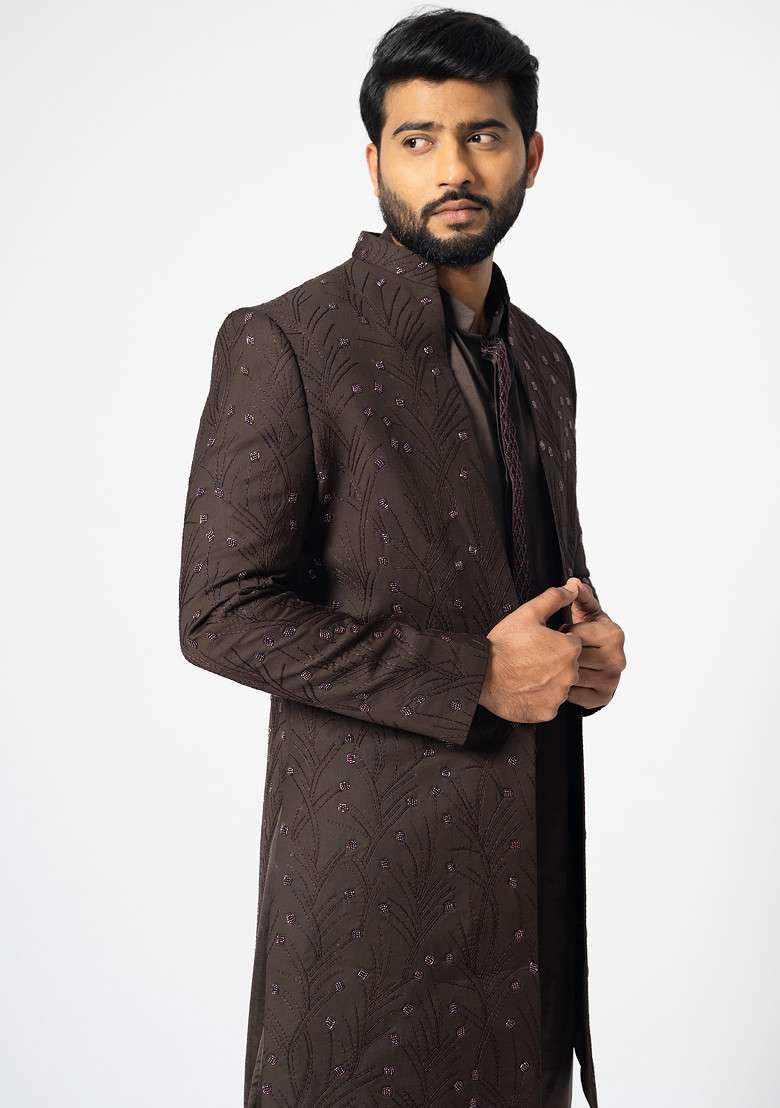 Chocolate Brown Embroidered Linen Jacket And Kurta Set For Men - Indya