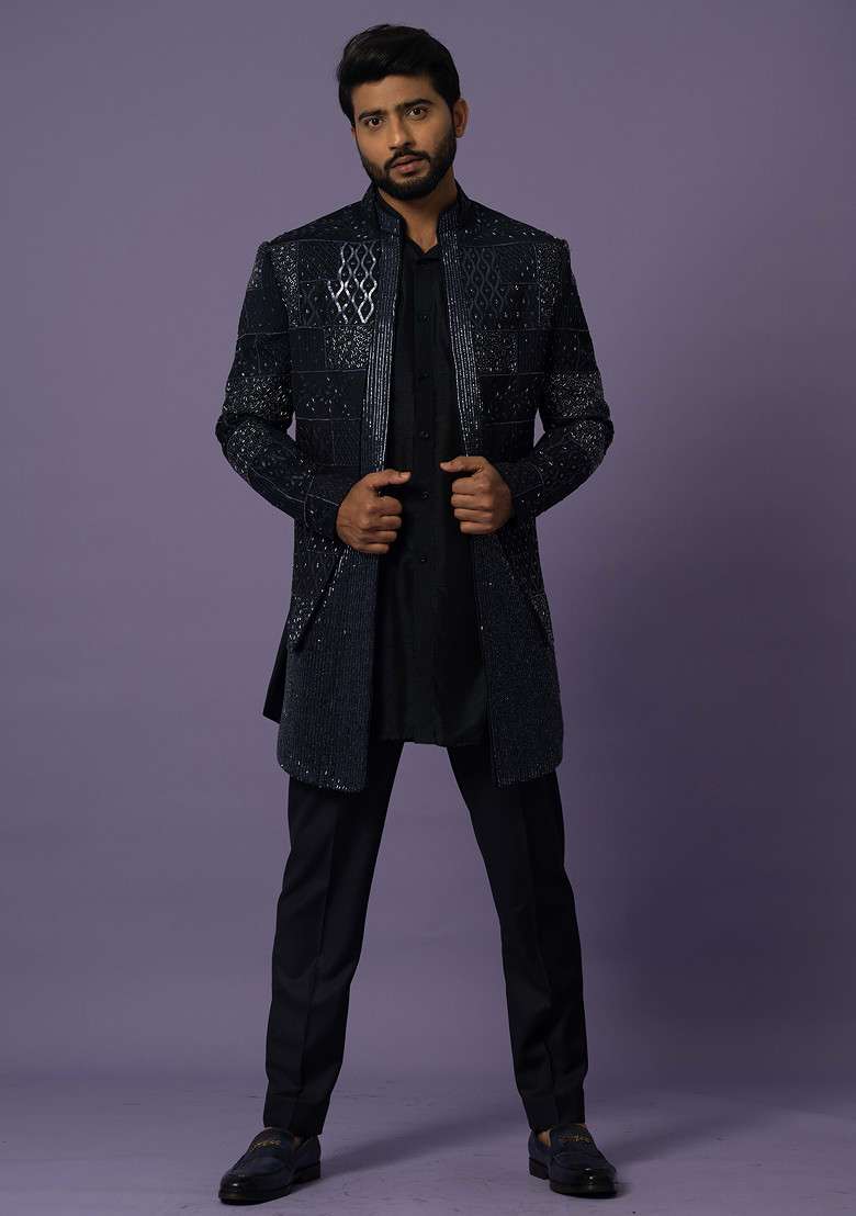 Blue Embroidered Jacket And Kurta Set For Men - Indya