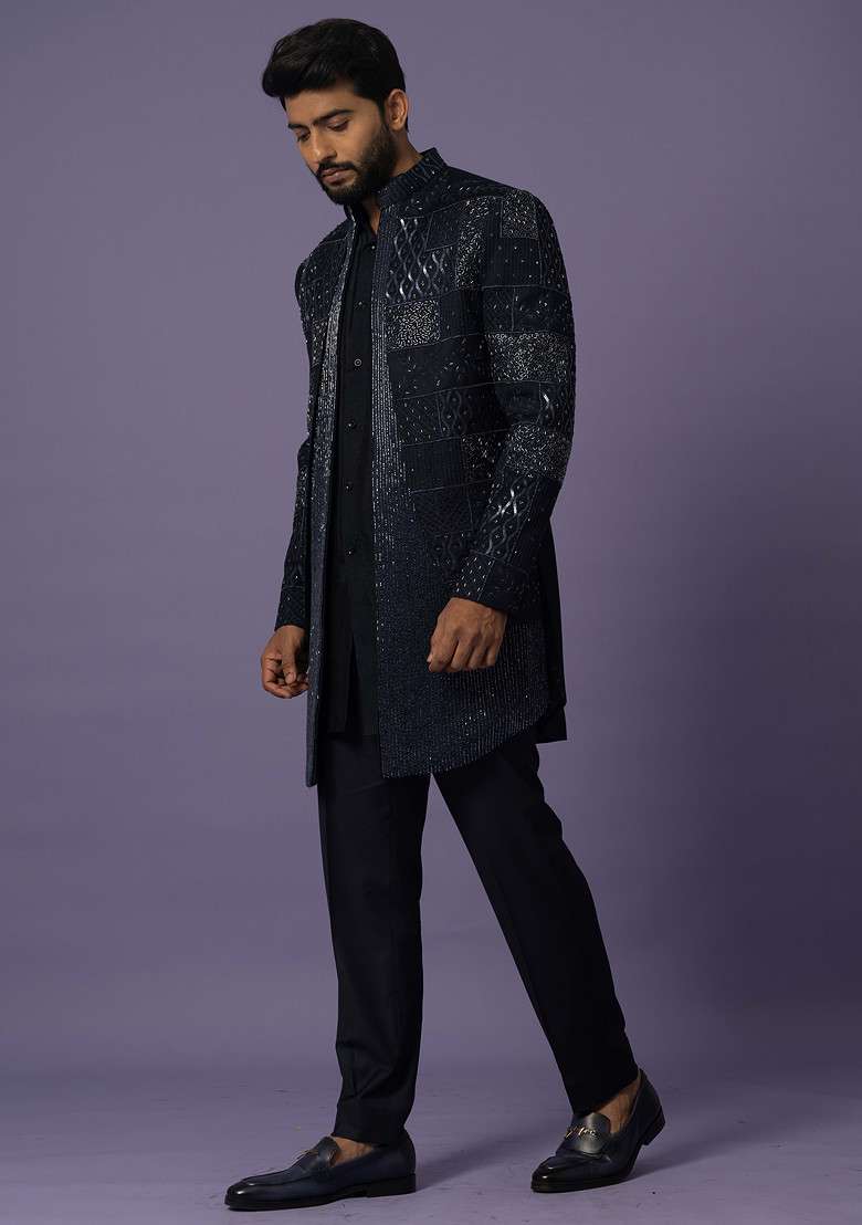 Blue Embroidered Jacket And Kurta Set For Men - Indya