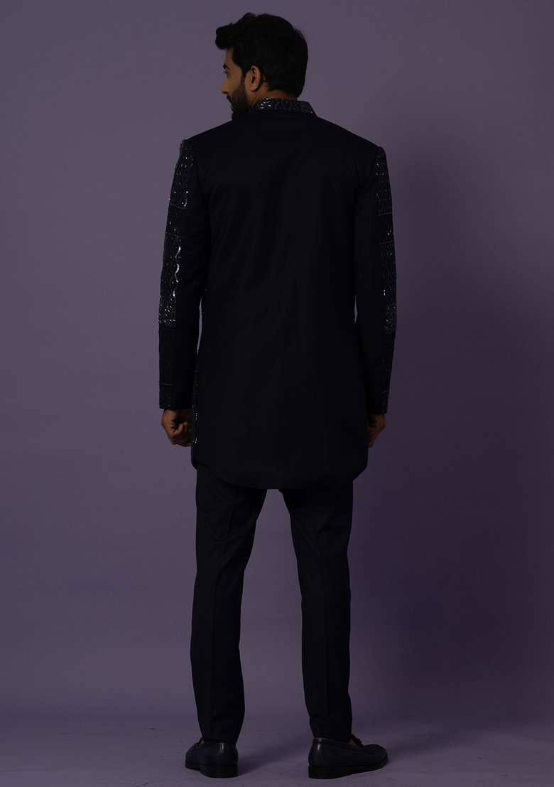 Blue Embroidered Jacket And Kurta Set For Men - Indya