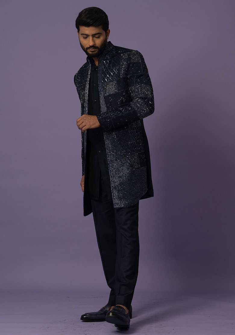 Blue Embroidered Jacket And Kurta Set For Men - Indya