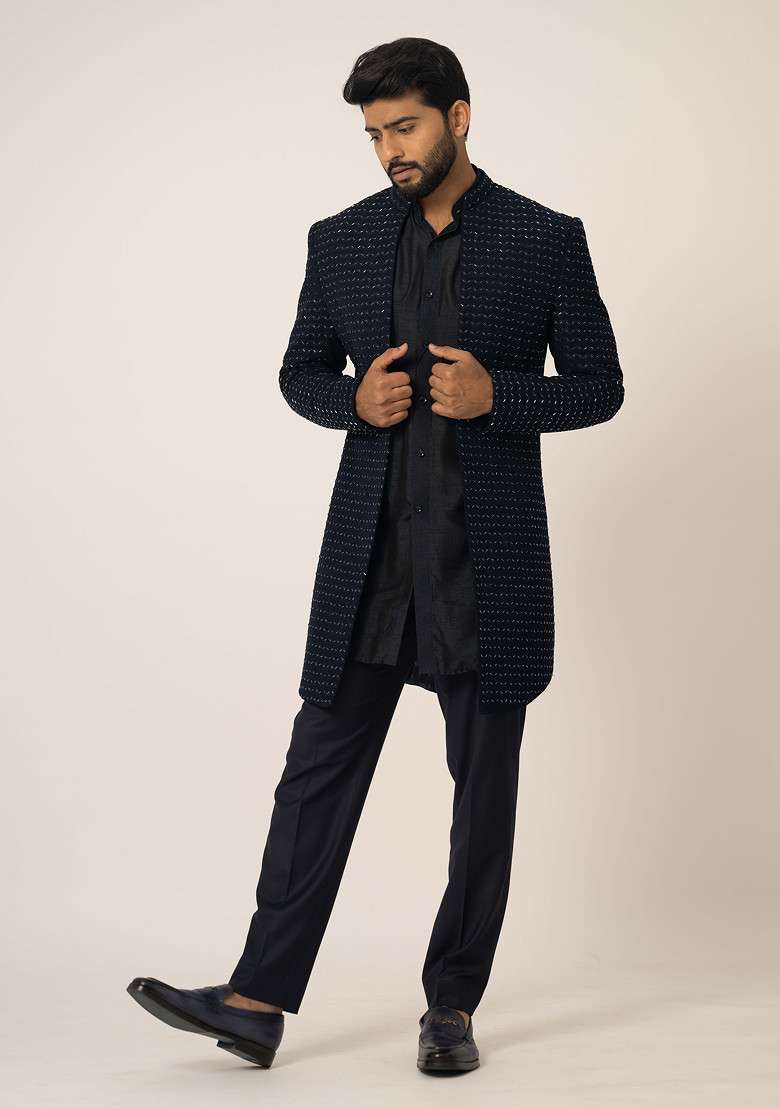 Navy Blue Embroidered Jacket And Kurta Set For Men - Indya