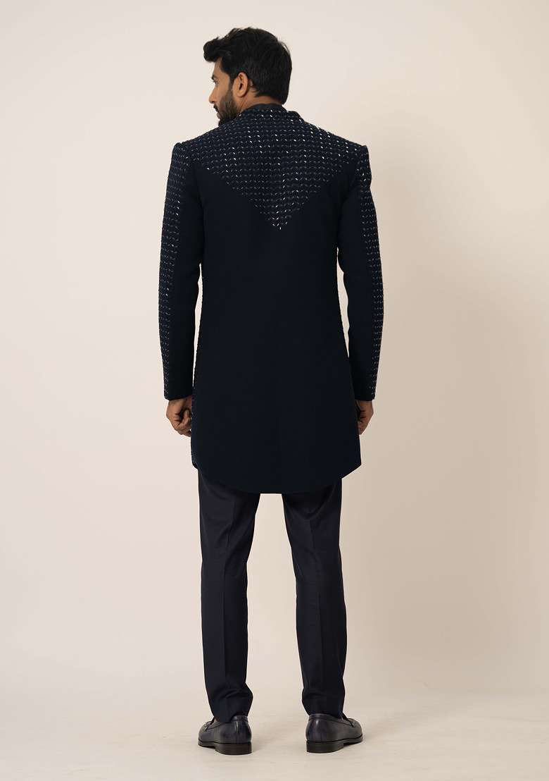Navy Blue Embroidered Jacket And Kurta Set For Men - Indya