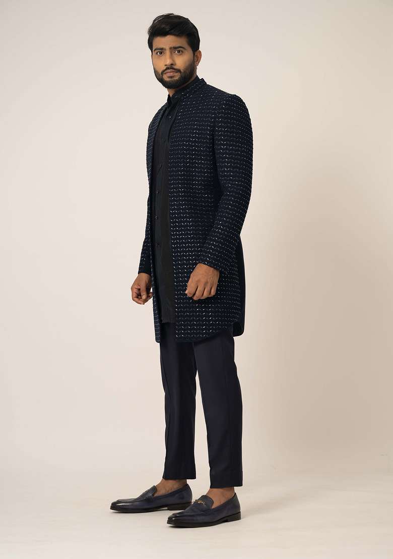 Navy Blue Embroidered Jacket And Kurta Set For Men - Indya