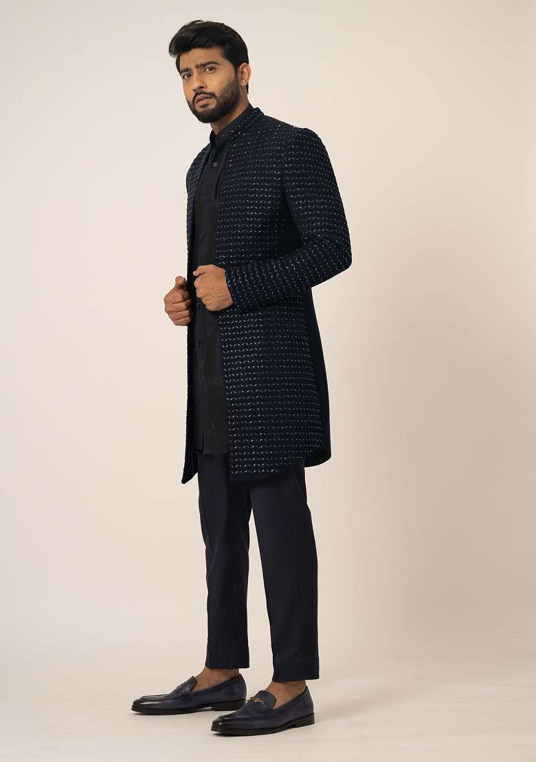 Navy Blue Embroidered Jacket And Kurta Set For Men - Indya