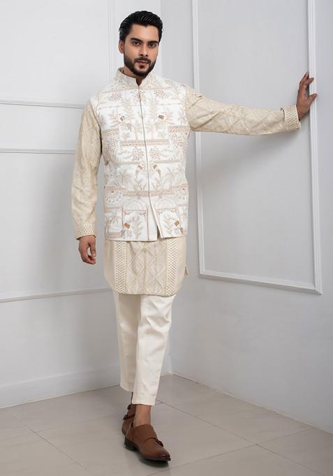 Ivory Hand Embroidered Linen Satin Nehru Jacket Set For Men