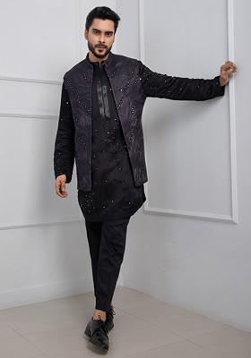 Black Hand Embroidered Linen Satin Nehru Jacket Set For Men