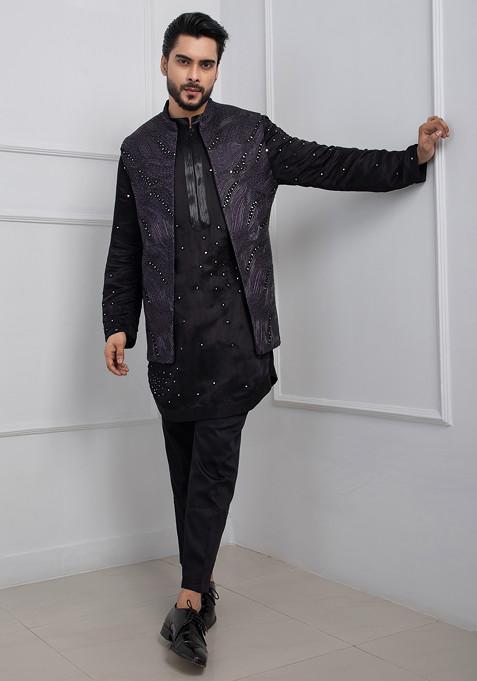 Black Hand Embroidered Linen Satin Nehru Jacket Set For Men