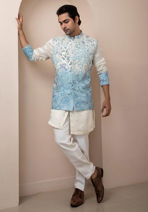 Multicolour Hand Embroidered Linen Satin Nehru Jacket Set For Men