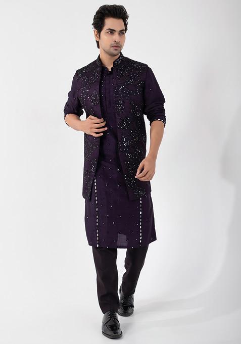 Purple Hand Embroidered Linen Satin Nehru Jacket Set For Men