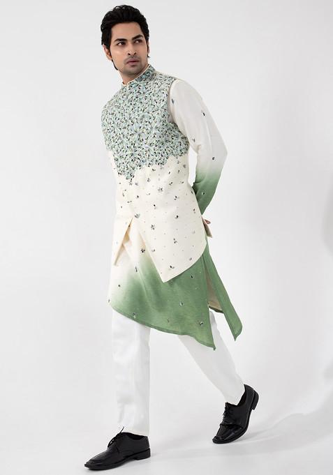 Multicolour Hand Embroidered Silk Nehru Jacket Set For Men