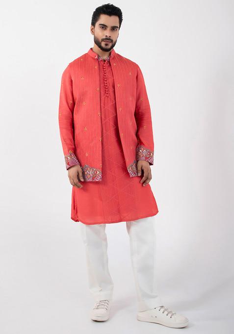 Orange Hand Embroidered Linen Satin Nehru Jacket Set For Men