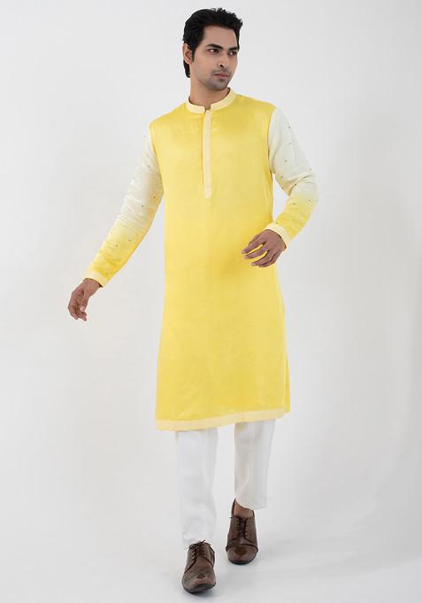 Yellow Hand Embroidered Linen Satin Nehru Jacket Set For Men