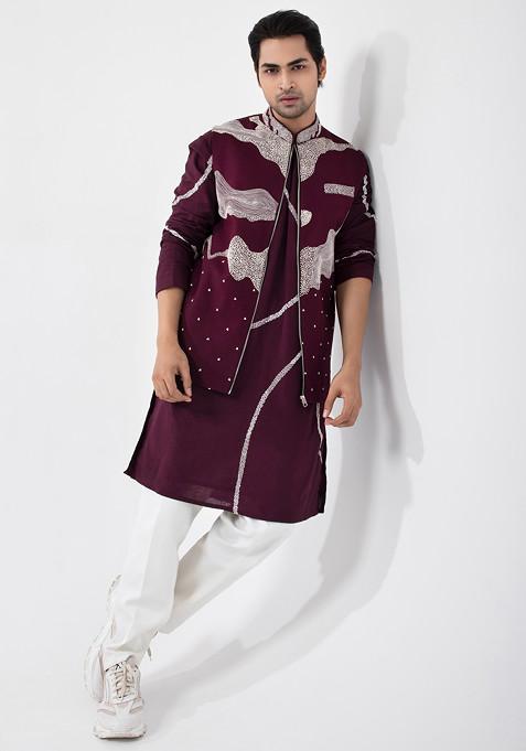 Maroon Hand Embroidered Khadi Cotton Nehru Jacket Set For Men