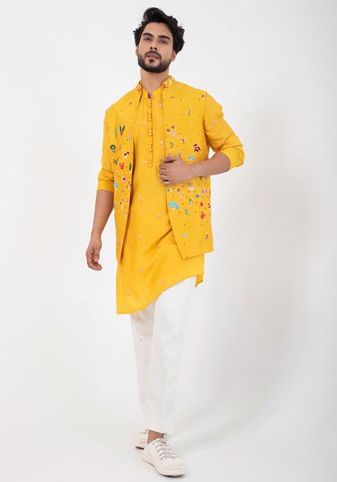 Yellow Hand Embroidered Silk Nehru Jacket Set For Men