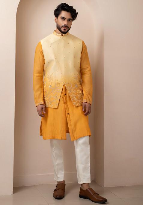 Yellow Hand Embroidered Chanderi Nehru Jacket Set For Men