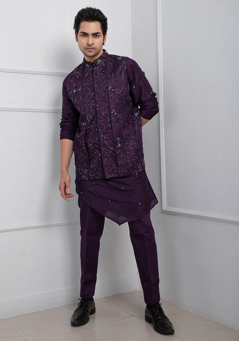 Purple Hand Embroidered Linen Satin Nehru Jacket Set For Men