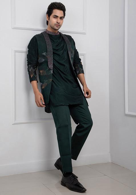 Green Hand Embroidered Linen Satin Nehru Jacket Set For Men