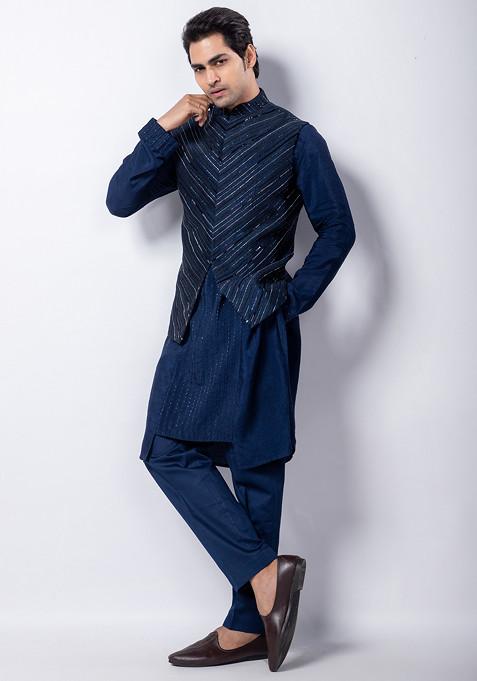 Navy Blue Hand Embroidered Silk Nehru Jacket Set For Men