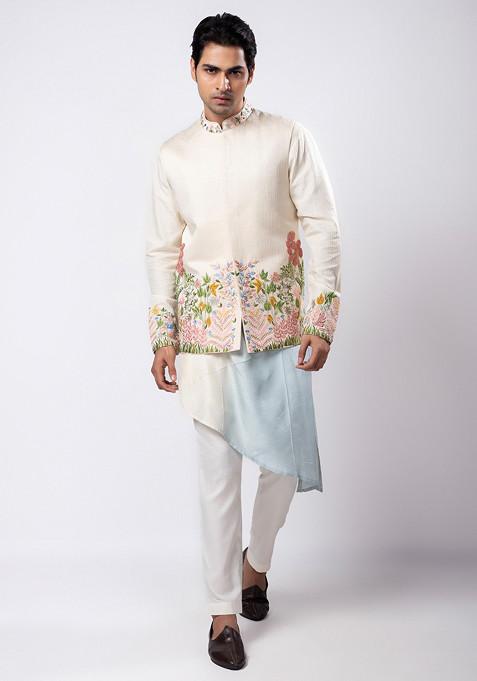 Multicolour Hand Embroidered Linen Satin Nehru Jacket Set For Men