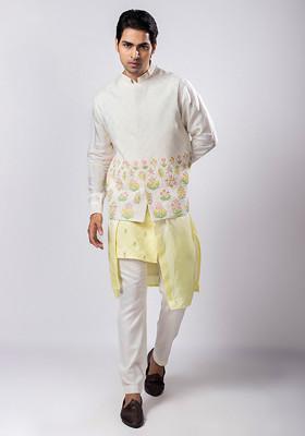 Multicolour Hand Embroidered Linen Satin Nehru Jacket Set For Men
