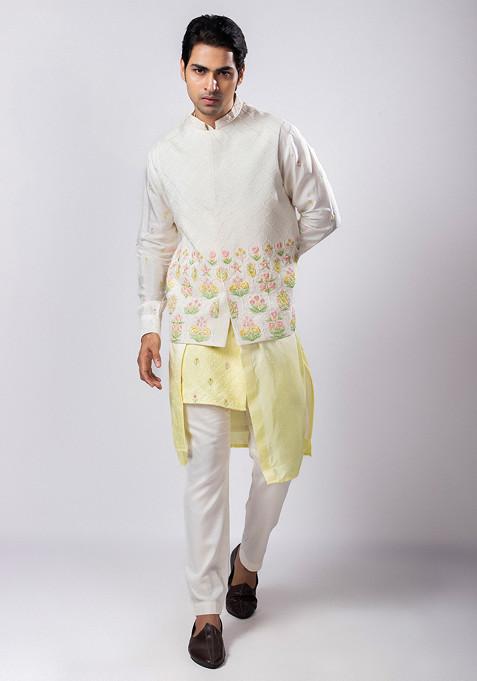 Multicolour Hand Embroidered Linen Satin Nehru Jacket Set For Men