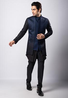 Navy Blue Embroidered Linen Satin Nehru Jacket Set For Men