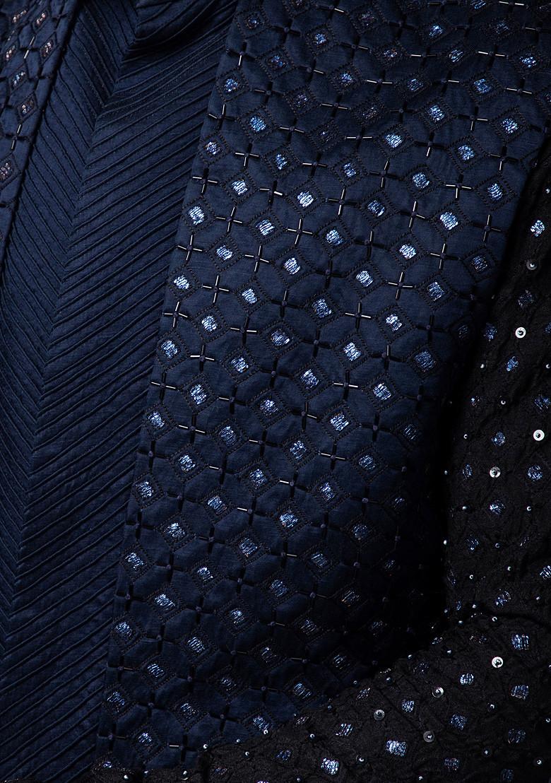 Navy Blue Embroidered Linen Satin Nehru Jacket Set For Men - Indya