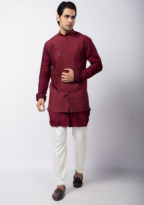 Maroon Hand Embroidered Silk Nehru Jacket Set For Men