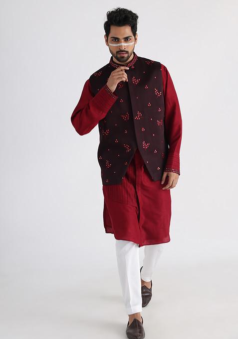 Brown And Maroon Embroidered Linen Satin Nehru Jacket Set For Men