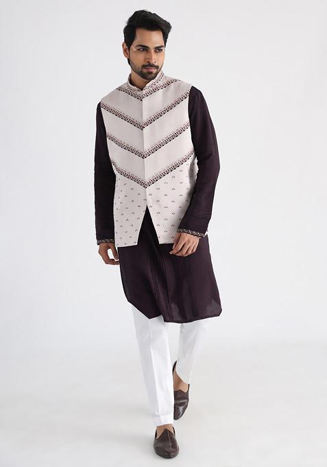 Off White And Brown Hand Embroidered Linen Satin Nehru Jacket Set For Men